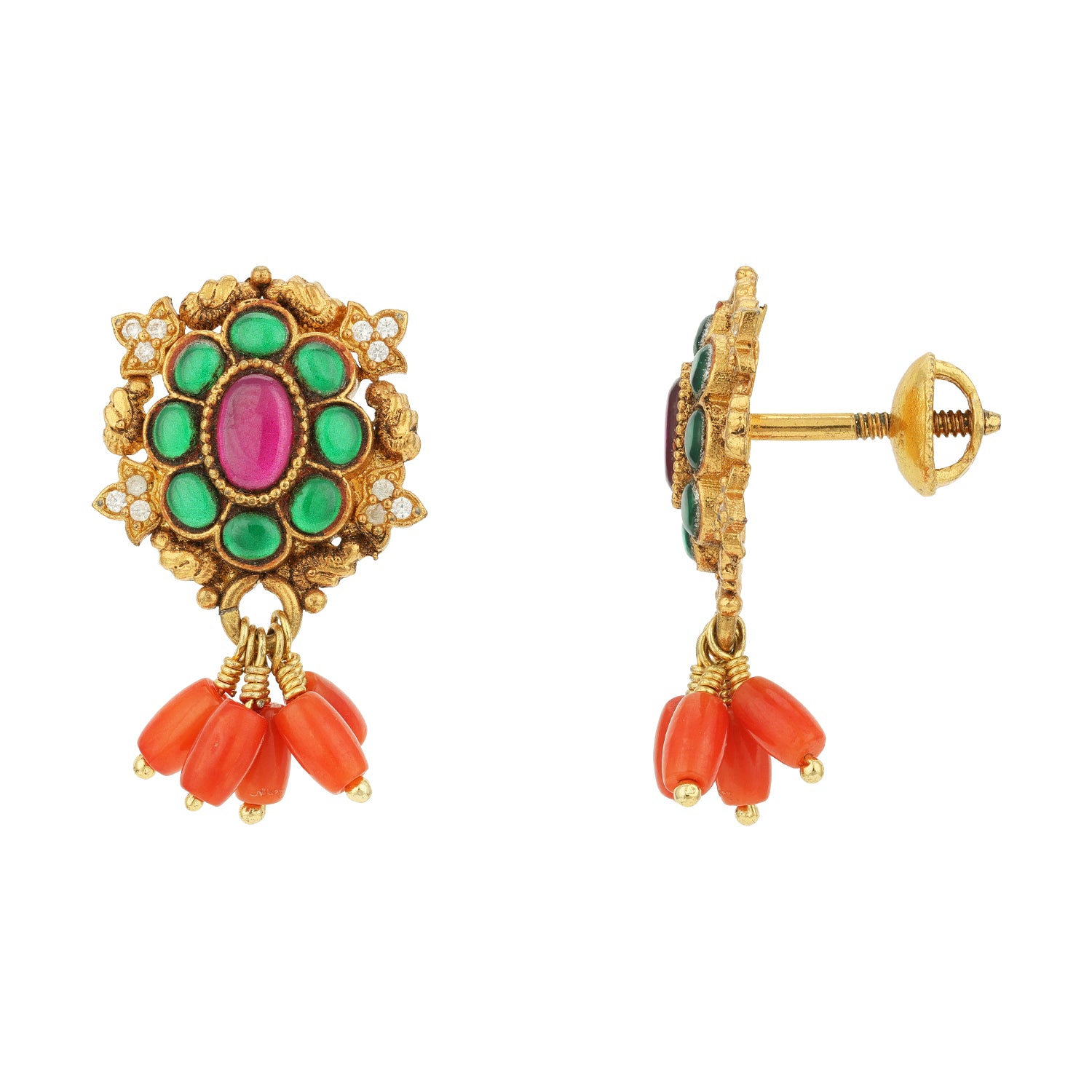 Golden Pink Green Floral 925 Sterling Silver Coral Bead Drop Earring for Women