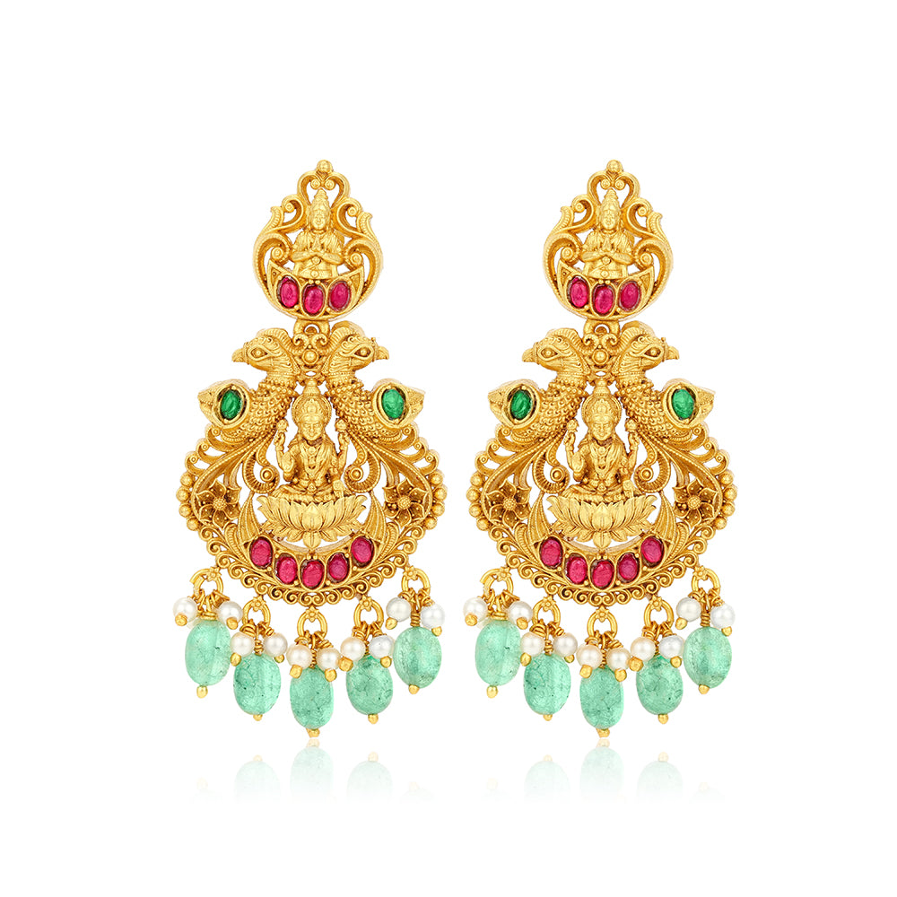 Golden Pink Green Stones Goddess Lakshmi Seated on Lotus Between Peacocks 925 Sterling Silver Green Drop Bridal Earrings for Women