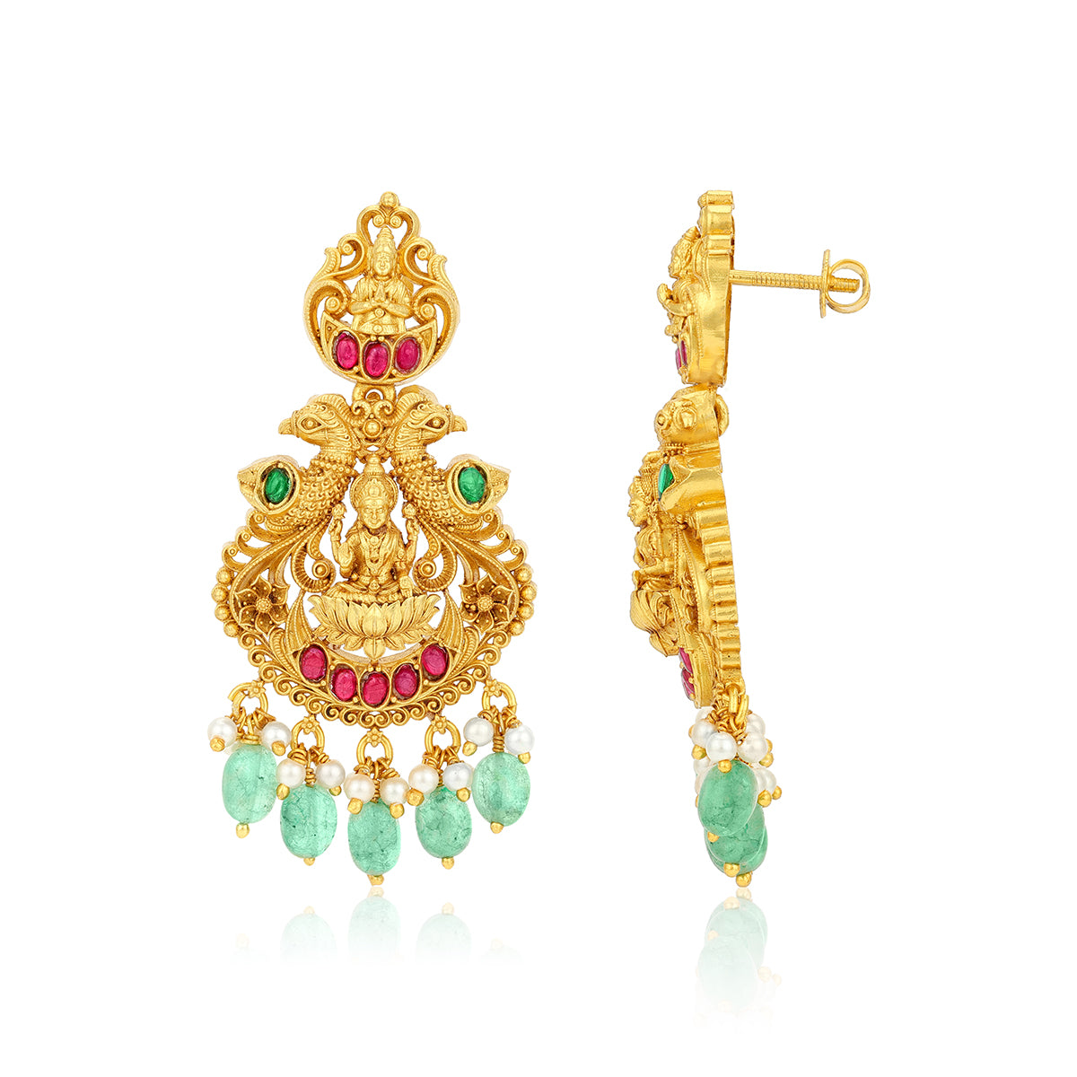 Golden Pink Green Stones Goddess Lakshmi Seated on Lotus Between Peacocks 925 Sterling Silver Green Drop Bridal Earrings for Women