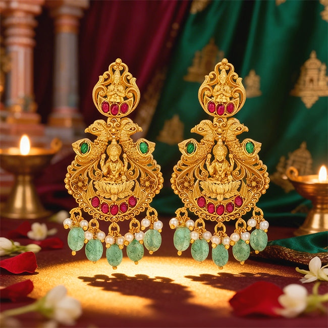 Golden Pink Green Stones Goddess Lakshmi Seated on Lotus Between Peacocks 925 Sterling Silver Green Drop Bridal Earrings for Women