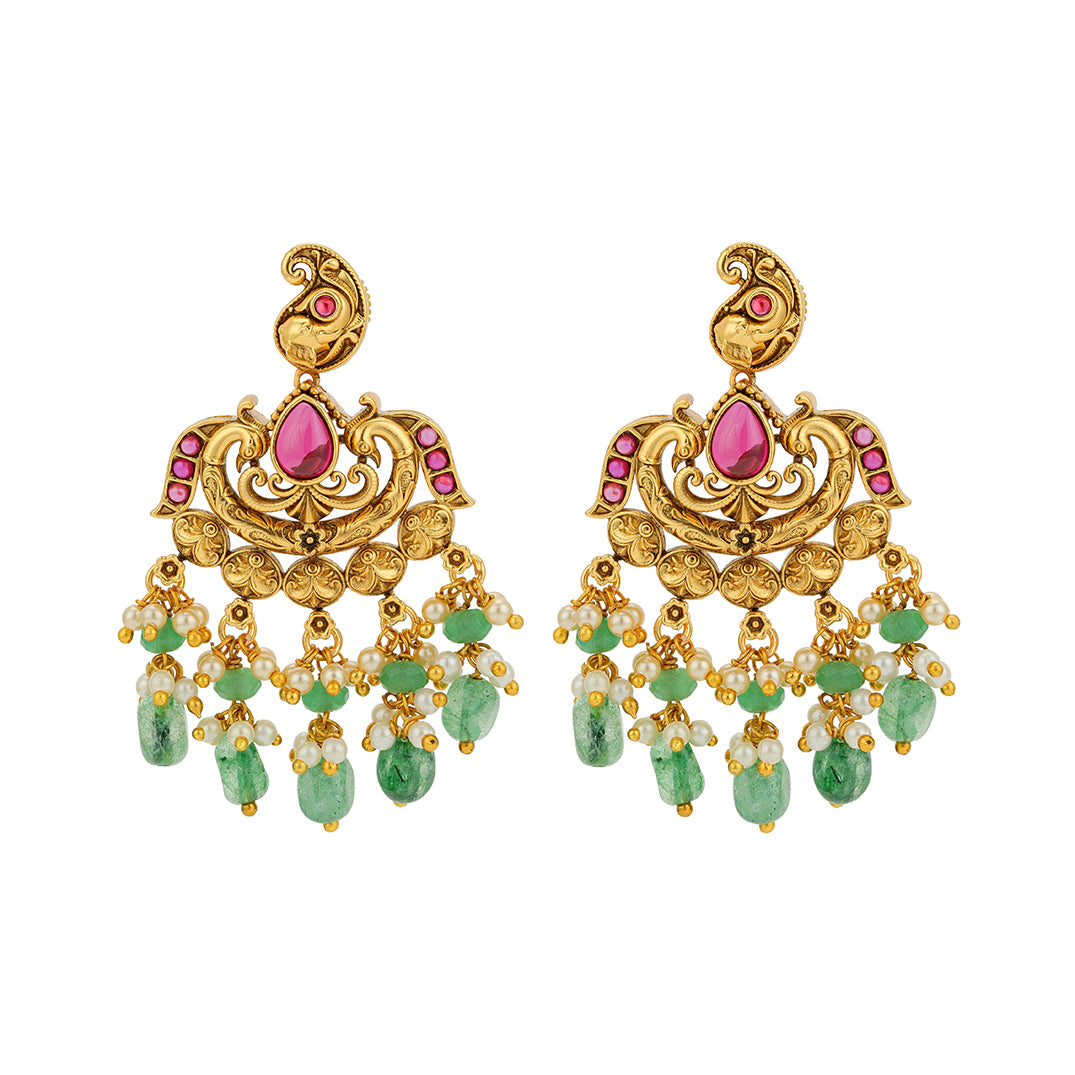 Golden Pink Stone Elephant Motif Two Layer Green Drop 925 Sterling Silver Chandbali Earrings for Women
