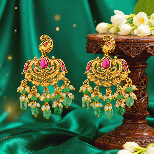 Golden Pink Stone Elephant Motif Two Layer Green Drop 925 Sterling Silver Chandbali Earrings for Women