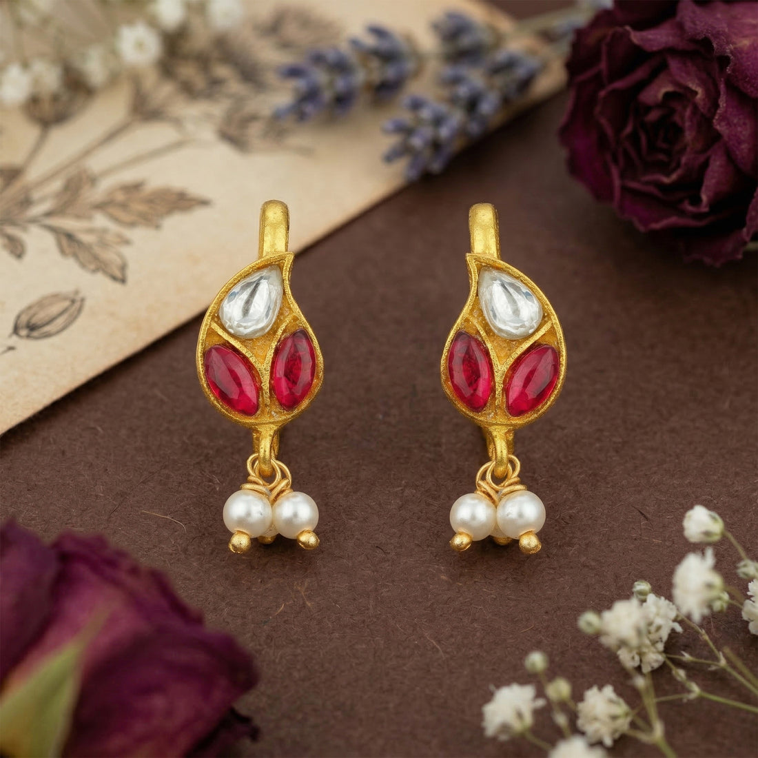 Golden Pink Stone Paisley Pattern 925 Sterling Silver Pearl Drop Earring for Women