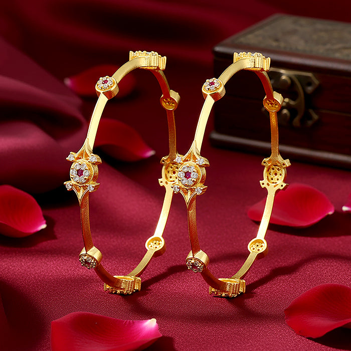 Golden Pink Stone Sparkling Bloom 925 Sterling Silver Bangle