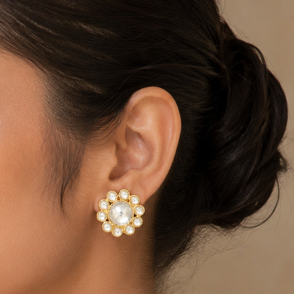 Golden Polki Bloom 925 Sterling Silver Designer Earrings