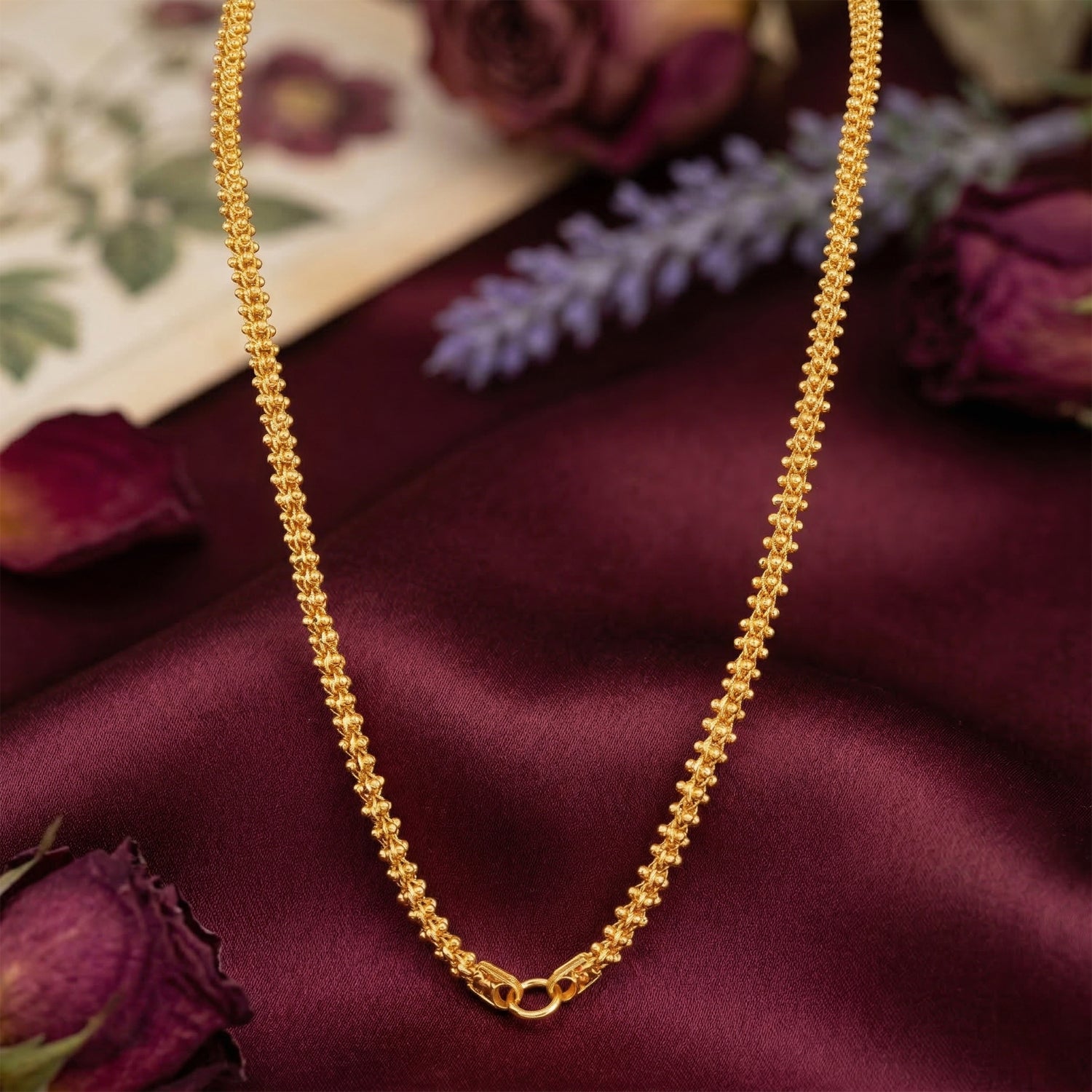Golden Popcorn Texture Shine 925 Sterling Silver Chain for Women