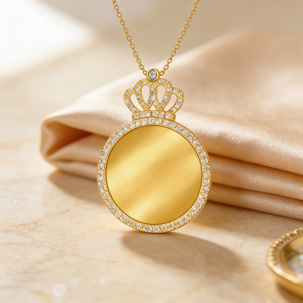 Golden Princess Crown Frame 925 Sterling Silver Engraving Pendant for women