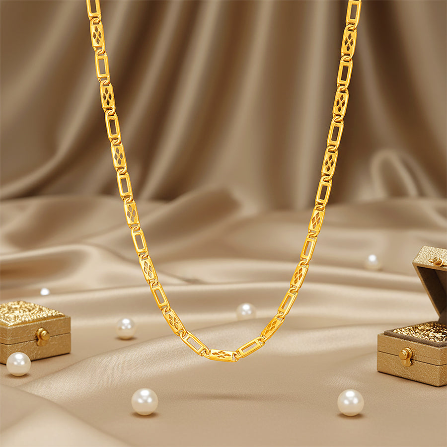 Golden Rectangular Link Pattern 925 Sterling Silver Long Chain for Men