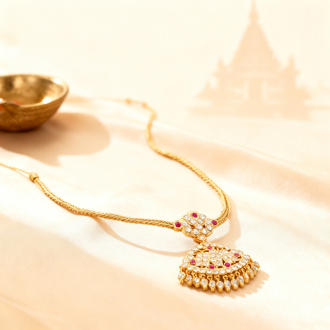 Golden Regal Floral CZ Pink Stone 925 Sterling Silver Attigai for Women