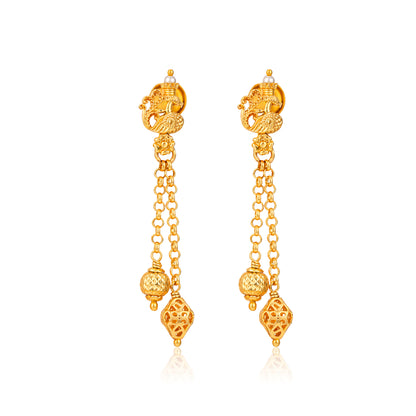 Pair of gold earrings on a white background