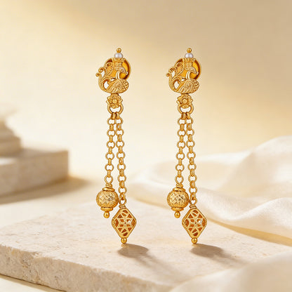 Golden Royal Peacock Dual Chain Dangle 925 Sterling Silver Earring for Women