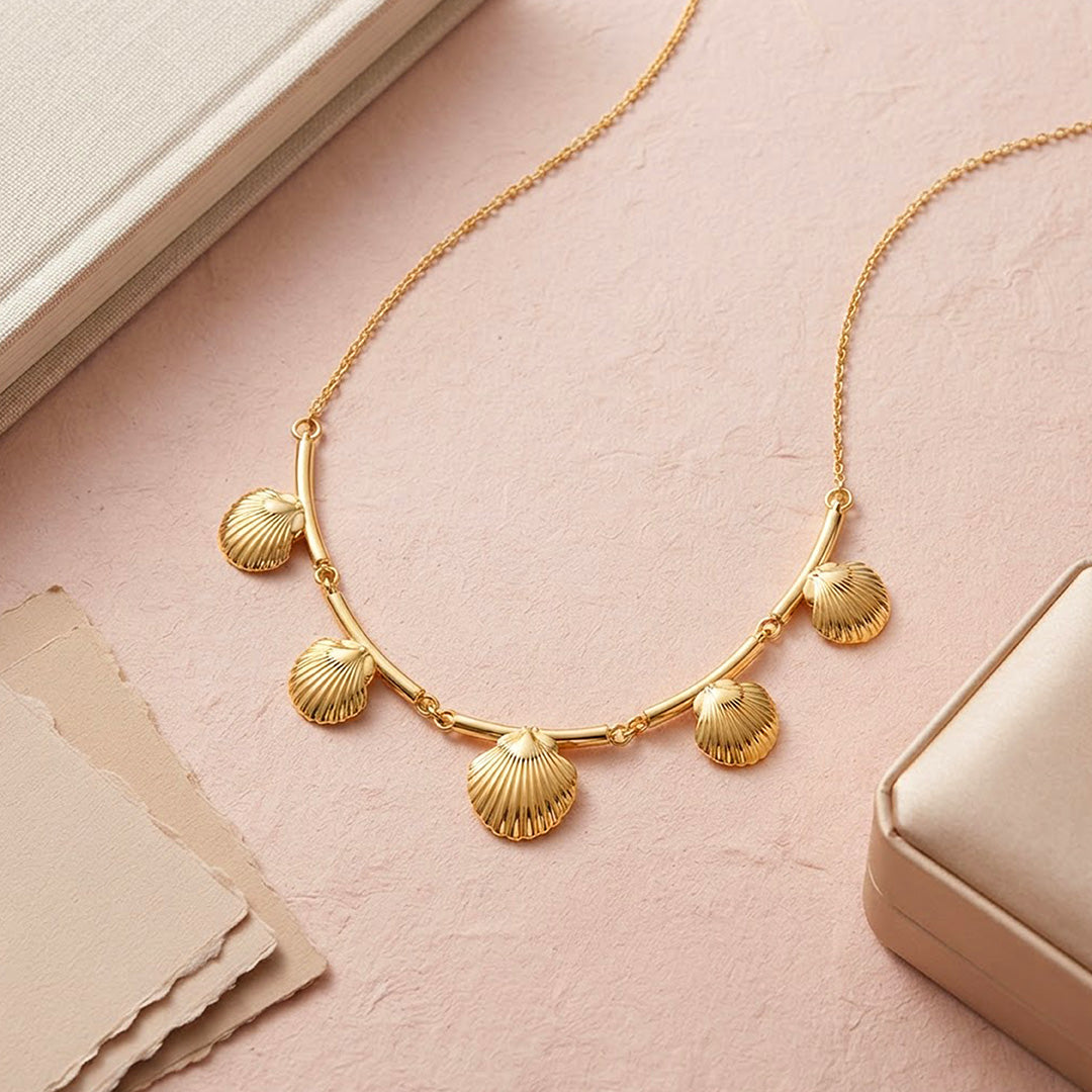 Golden Seashell Cascade Elegant Coastal Designer Statement Necklace