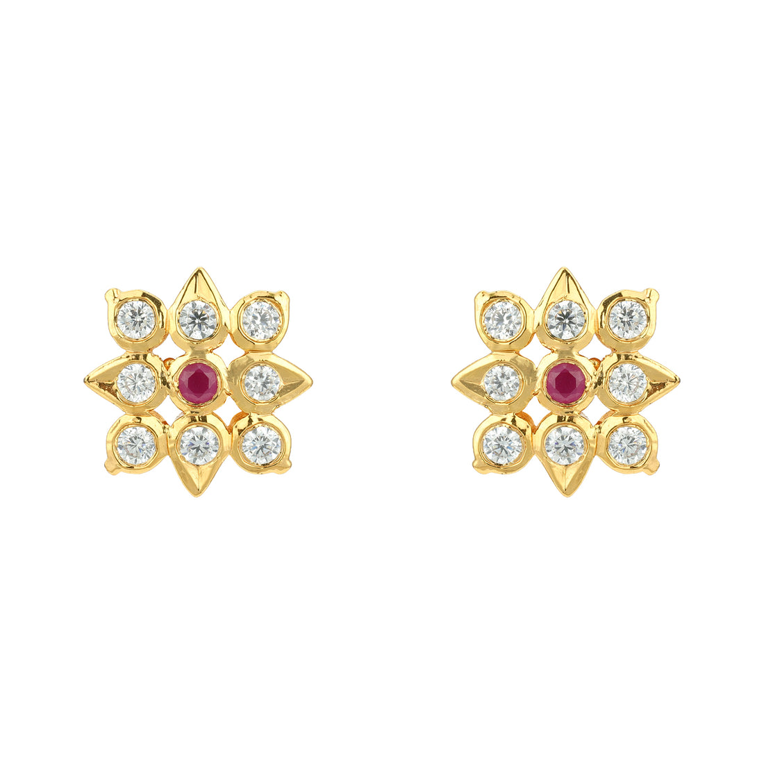 Golden Square Pattern 925 Sterling Silver Pink Stone Floral Stud for Women