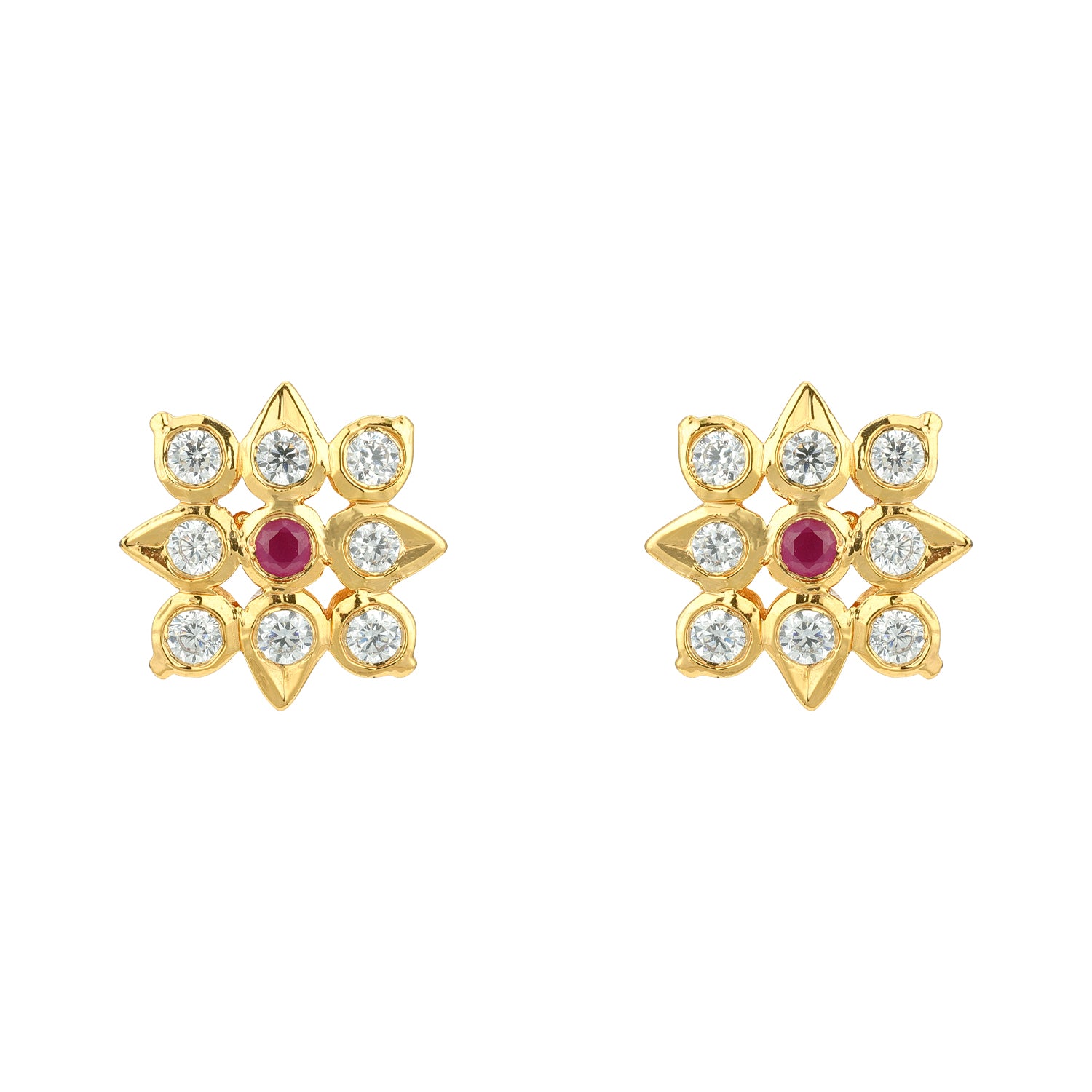 Golden Square Pattern 925 Sterling Silver Pink Stone Floral Stud for Women