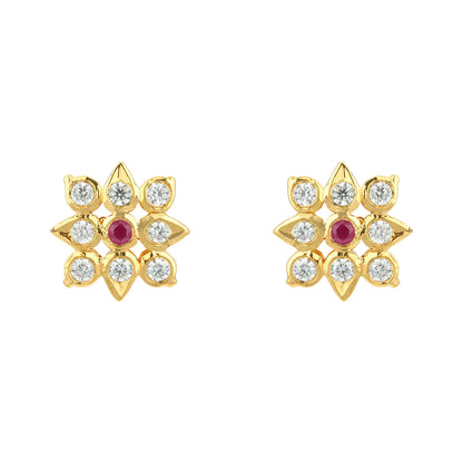 Golden Square Pattern 925 Sterling Silver Pink Stone Floral Stud for Women