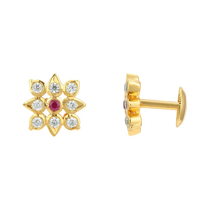 Golden Square Pattern 925 Sterling Silver Pink Stone Floral Stud for Women