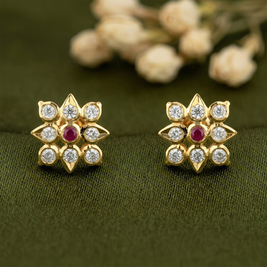 Golden Square Pattern 925 Sterling Silver Pink Stone Floral Stud for Women