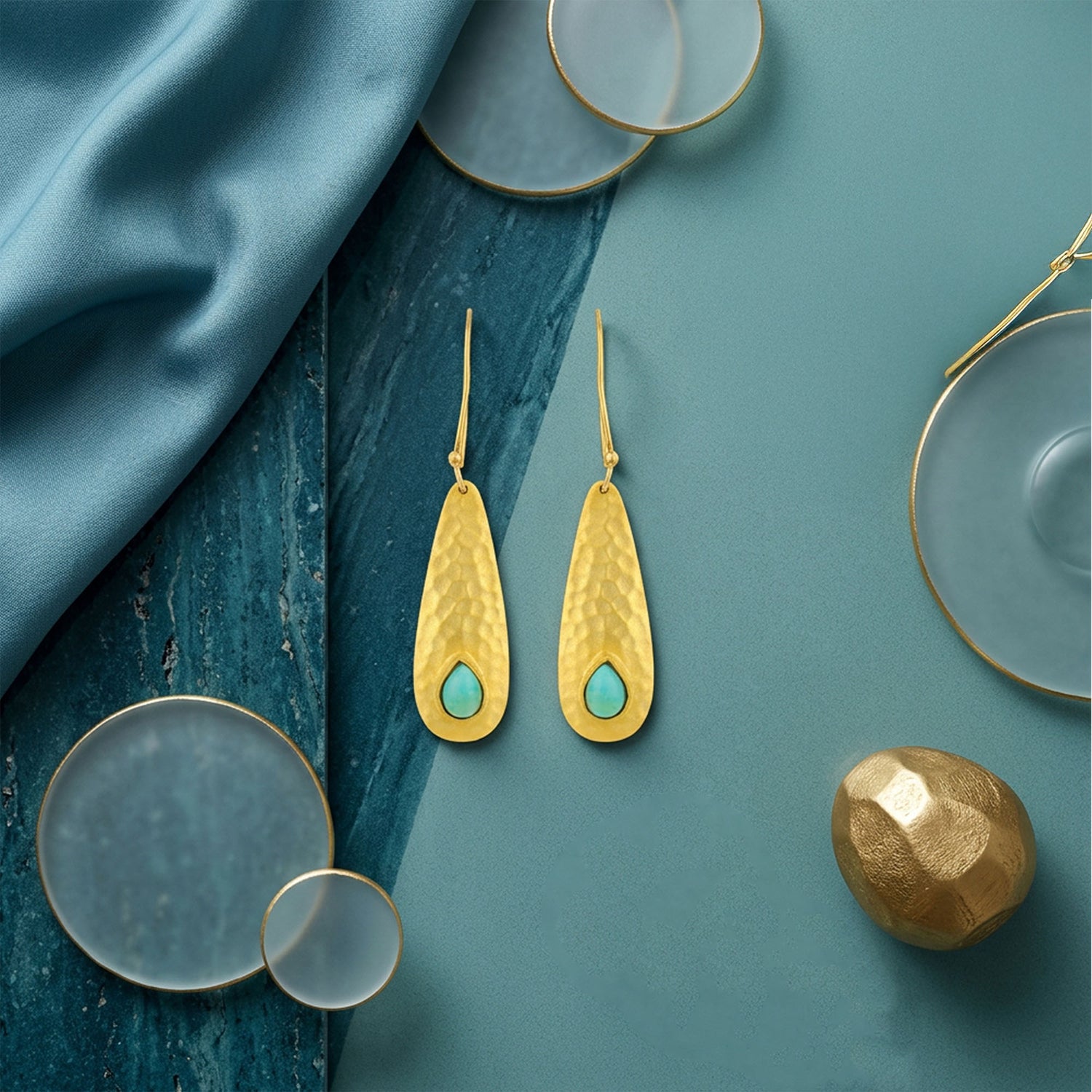 Golden Teardrop Turquoise Charm 925 Sterling Silver Earrings