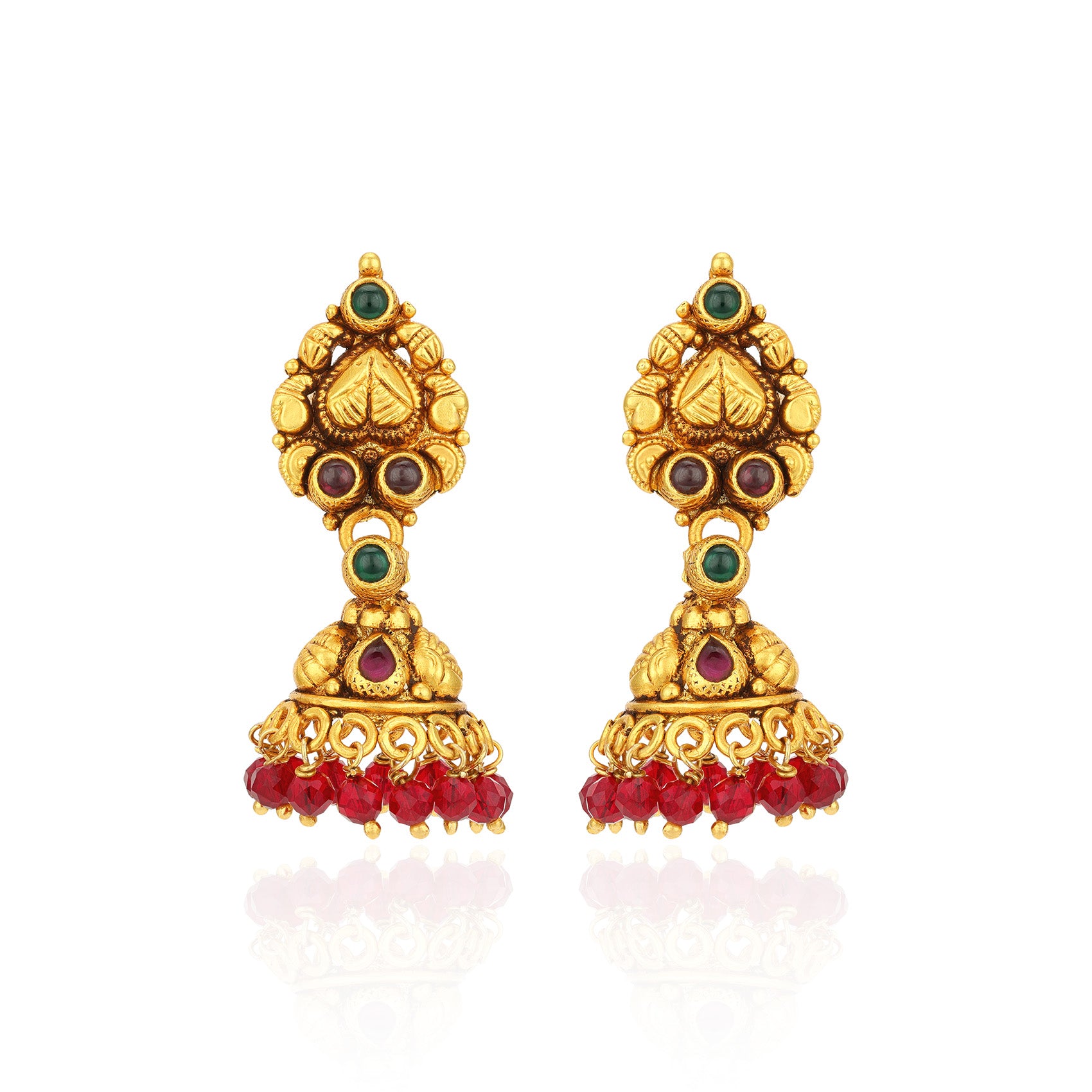Golden Traditional Manga Motif Green Red Stones 925 Sterling Silver Red Bead Drop Jhumka for Women