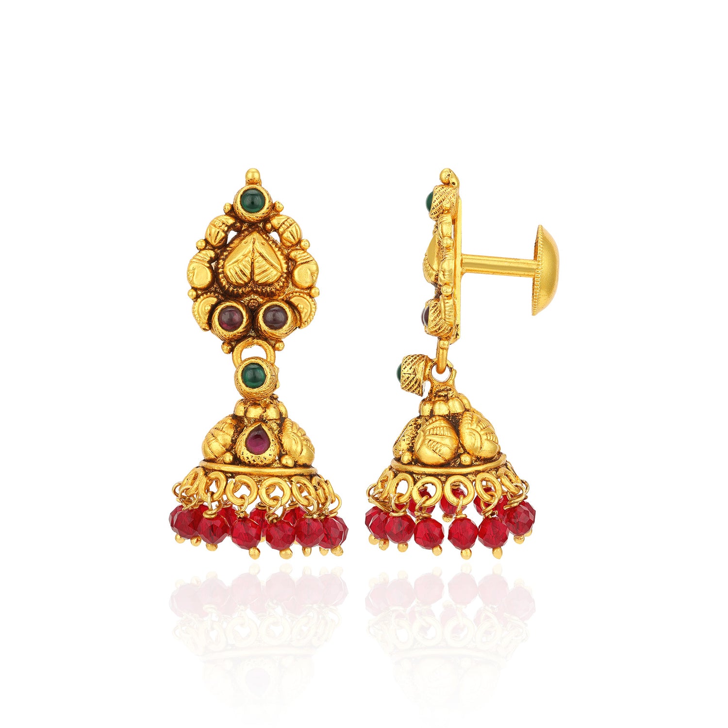 Golden Traditional Manga Motif Green Red Stones 925 Sterling Silver Red Bead Drop Jhumka for Women
