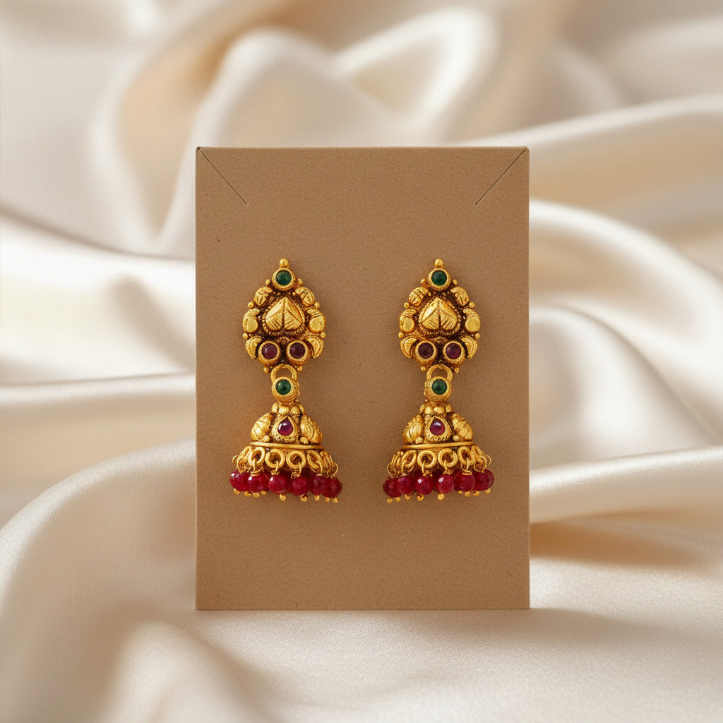 Golden Traditional Manga Motif Green Red Stones 925 Sterling Silver Red Bead Drop Jhumka for Women