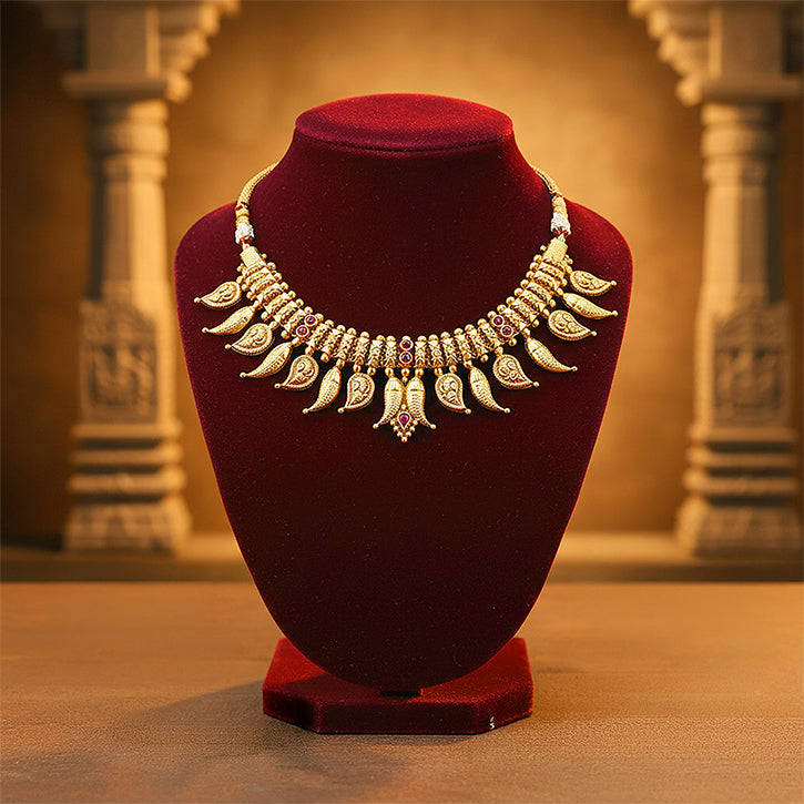 Golden Traditional Mango Leaf Motif 925 Sterling Silver Necklace for Women