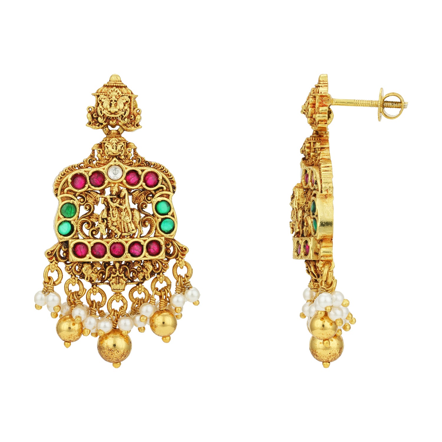 Golden Traditional Pink Green Stone Radha Krishna Ratha 925 Sterling Silver Gold Drop Earring for Women