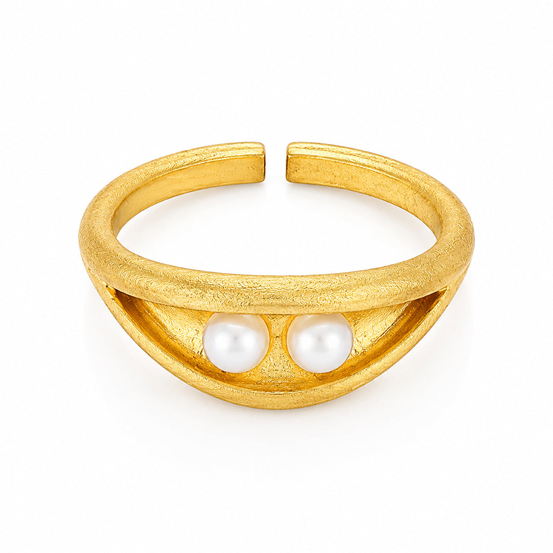 Golden Twin Pearl Curve 925 Sterling Silver Statement Ring
