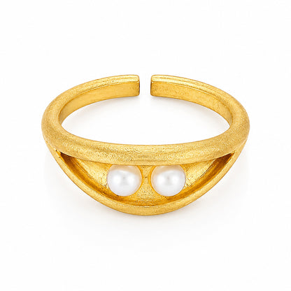 Golden Twin Pearl Curve 925 Sterling Silver Statement Ring
