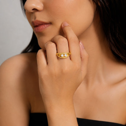 Golden Twin Pearl Curve 925 Sterling Silver Statement Ring