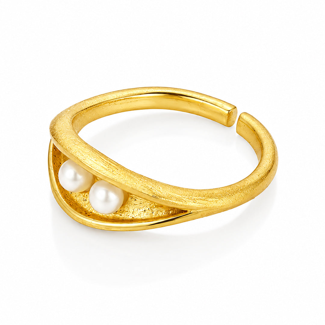 Golden Twin Pearl Curve 925 Sterling Silver Statement Ring