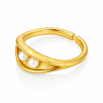 Golden Twin Pearl Curve 925 Sterling Silver Statement Ring