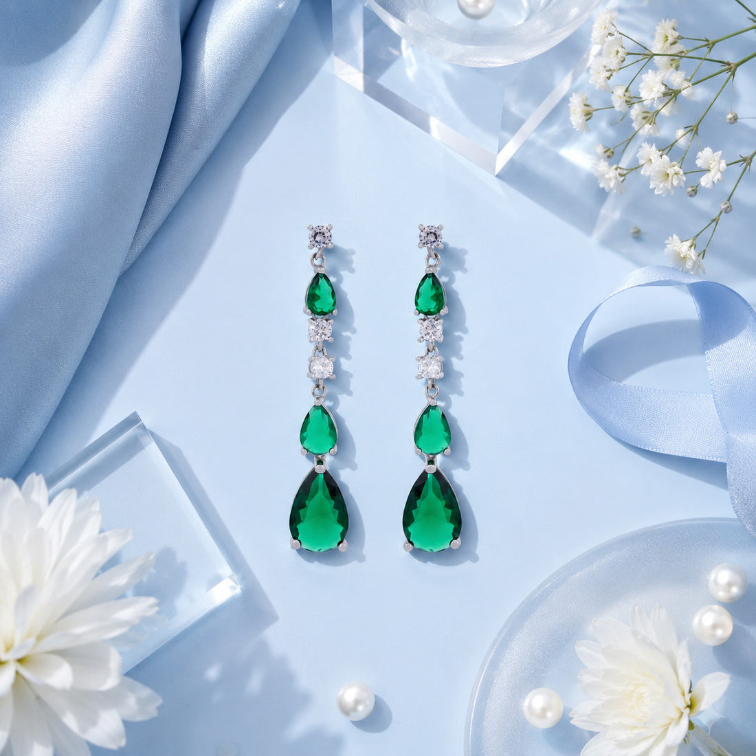 Graceful Green Teardrop Flow 925 Sterling Silver Earring for Women