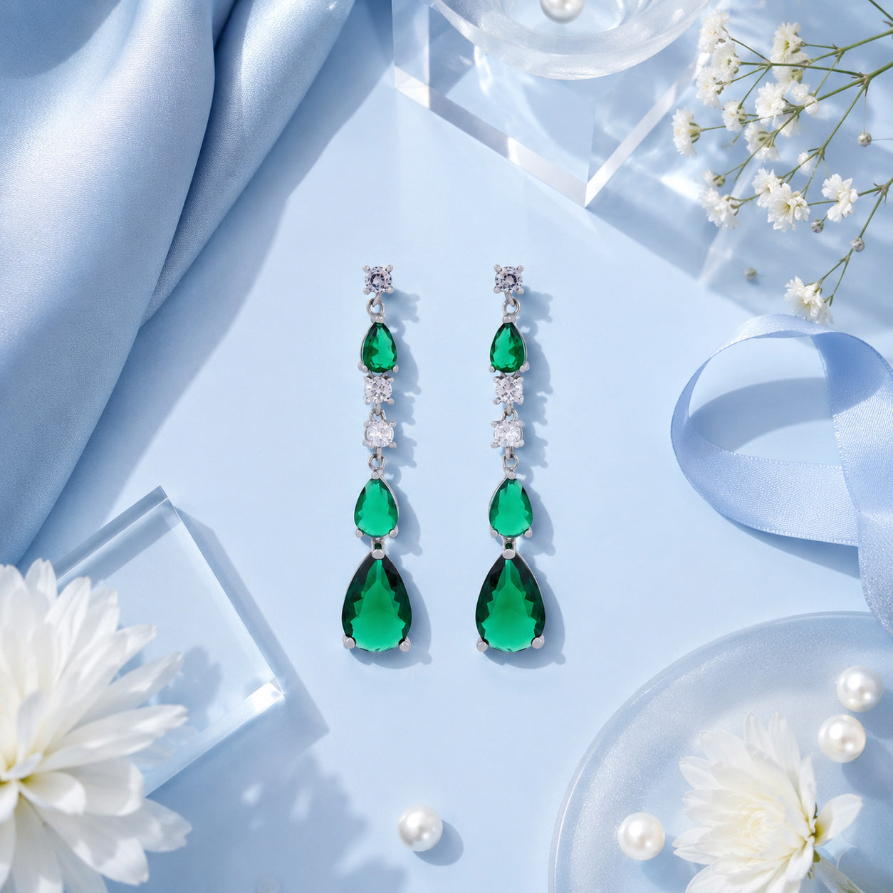 Graceful Green Teardrop Flow 925 Sterling Silver Earring for Women