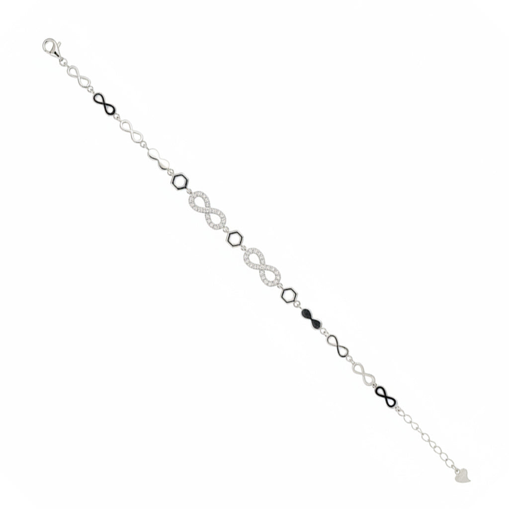 Silver bracelet with infinity symbol links on a white background