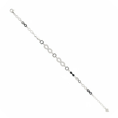 Silver bracelet with infinity symbol links on a white background