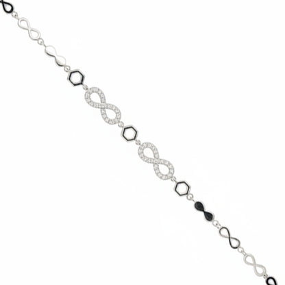 Silver bracelet with infinity符号and black beads on a white background