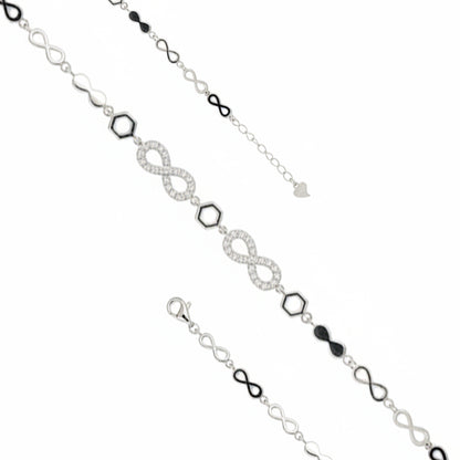 Silver bracelet with infinity符号and black beads on a white background