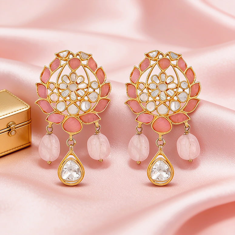 Graceful Lotus Pearl Golden Drop 925 Sterling Silver Earring