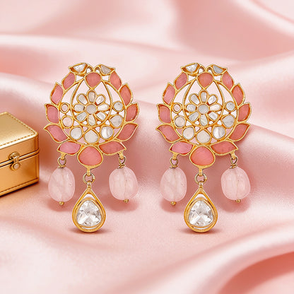 Graceful Lotus Pearl Golden Drop 925 Sterling Silver Earring