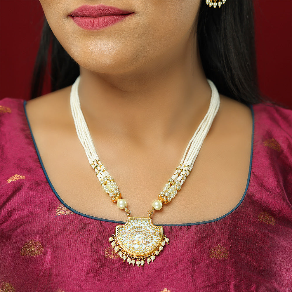 Graceful Peacock Design Pendant 925 Gold Plated Pearl Mala