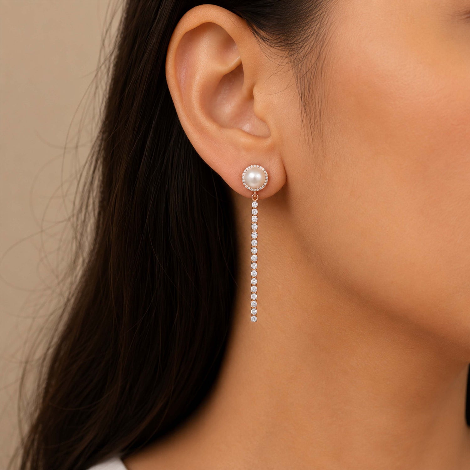 Graceful Pearl Crystal Line Rose Gold Designer Earring