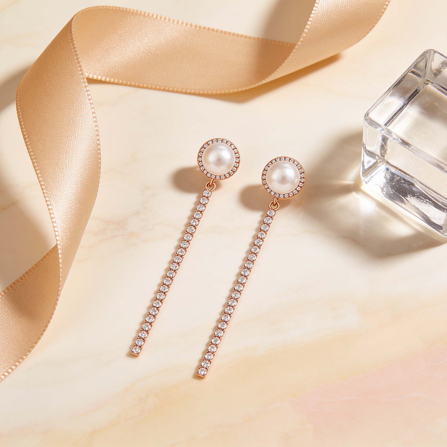 Graceful Pearl Crystal Line Rose Gold Designer Earring