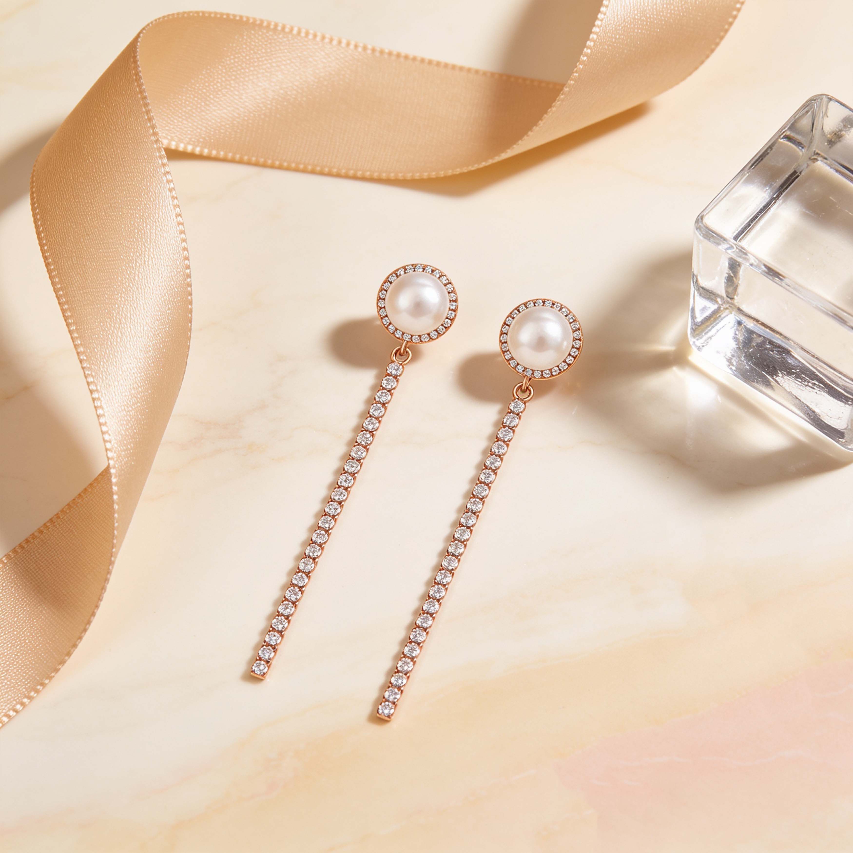 Graceful Pearl Crystal Line Rose Gold Designer Earring