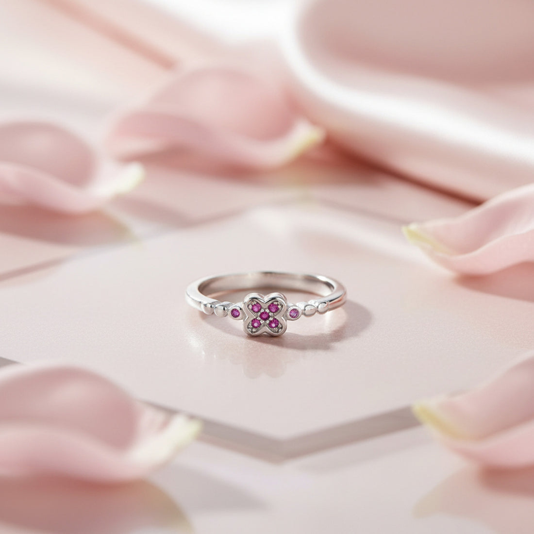 Graceful Pink Petal 925 Sterling Silver Ring for Women