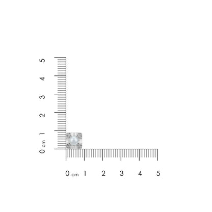 Small square earring with a central gemstone, shown next to a ruler for scale on a white background.