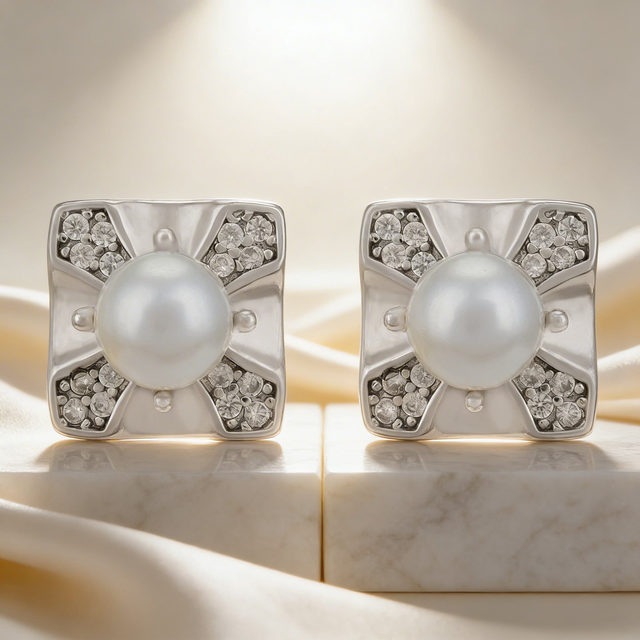 Pair of pearl earrings with silver and diamond accents on a marble surface