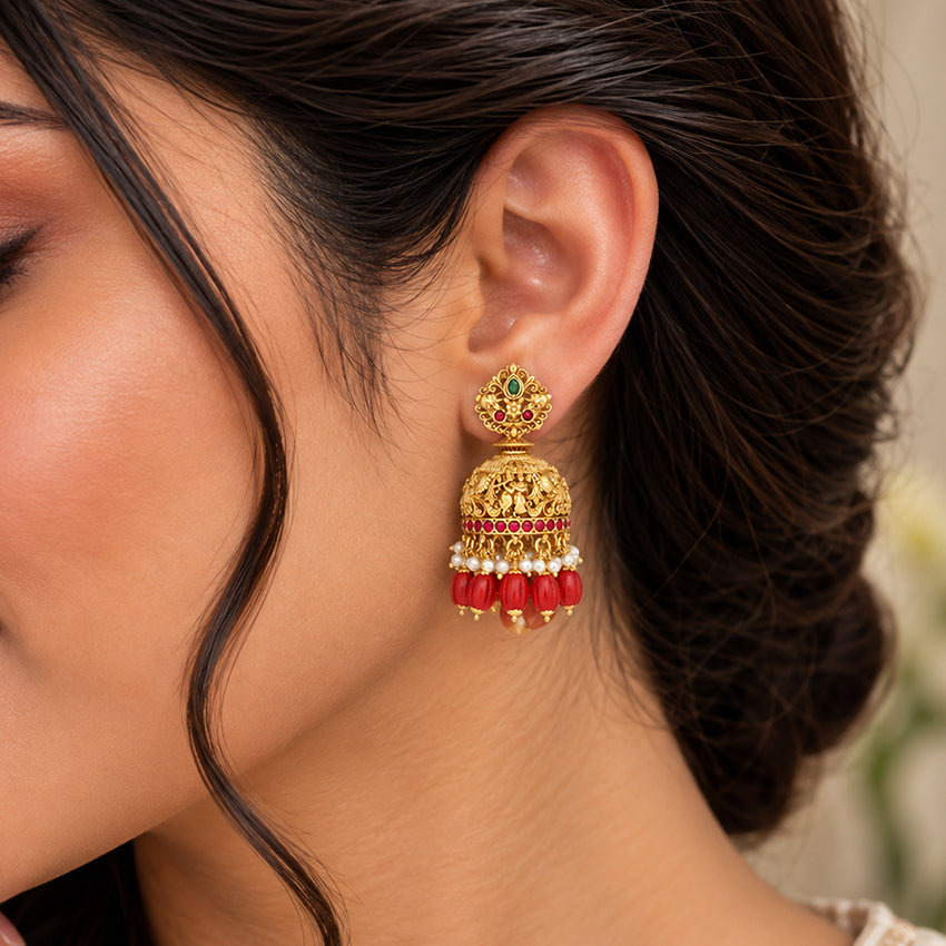 Grand Golden Radha Krishna Temple Ruby Pearl Fringe 925 Sterling Silver Jhumka for Women