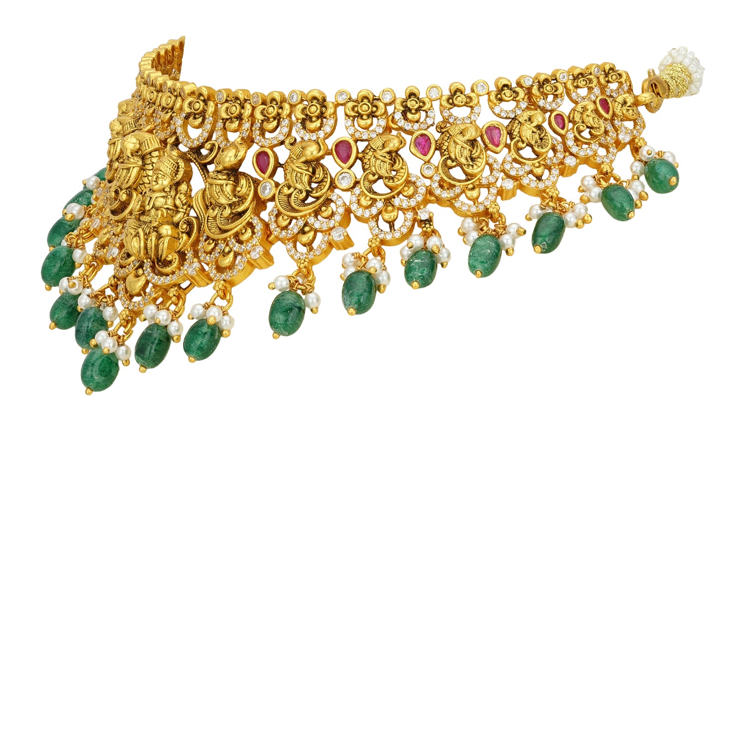 Grand Golden Goddess Lakshmi Peacock Motif 925 Sterling Silver Green Bead Drop Chocker for Women