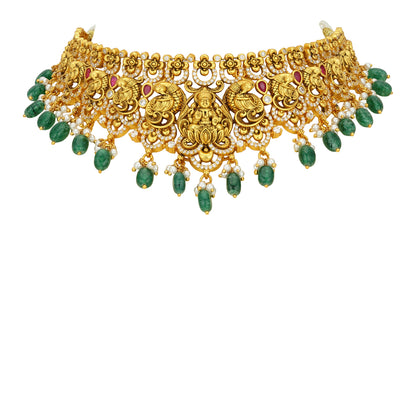 Grand Golden Goddess Lakshmi Peacock Motif 925 Sterling Silver Green Bead Drop Chocker for Women